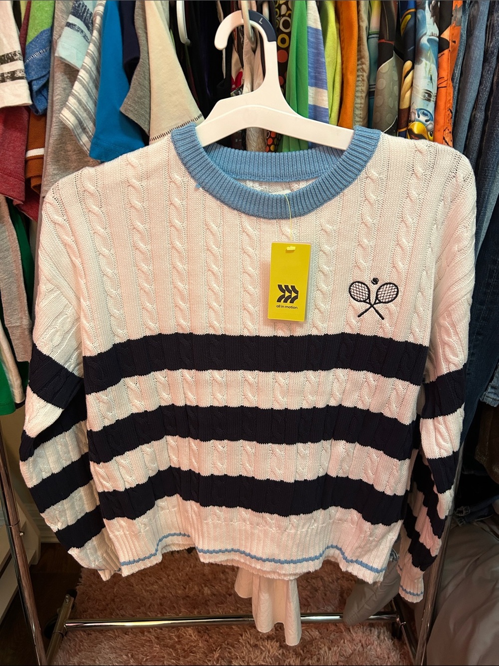 All in motionWhite Cable Knit Sweater with Navy Stripes & Light Blue Neckline